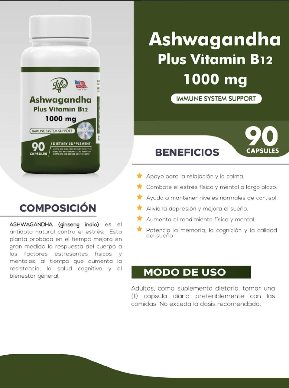 ASHAWAGANDA (GINSENG INDIO) + B12 X 90 CAPSULAS