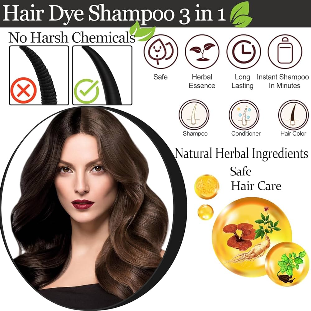 Hair Dye Shampoo Tinte Orgánico para las canas 3 en 1 (Incluye Shampoo, mascarilla y spray)